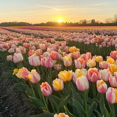 Golden Hour Light Over Blooming Tulip Field
