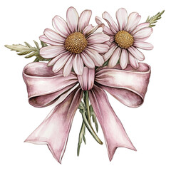 Two pink daisies tied together with a large pink ribbon.