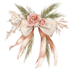 Elegant pink bow adorned with roses and delicate foliage.