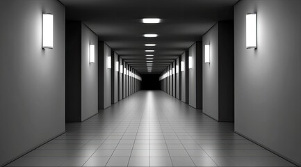 Empty hallway, lit by wall-mounted lights
