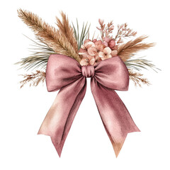 A pink satin bow adorned with dried flowers, grasses, and foliage tied together in an elegant arrangement.