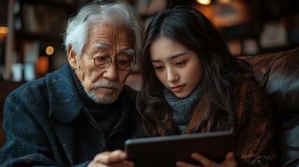 A heartwarming moment between an elderly man and a young woman, both engaged with a tablet, showcasing connection and technology across generations.