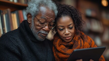 An older man and a younger woman reading a tablet together, showcasing a cozy moment of learning and connection in a library setting.