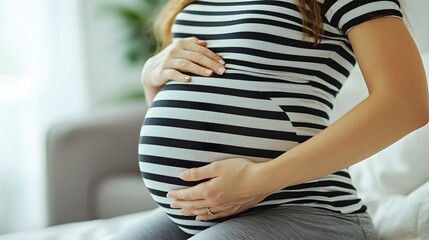 Pregnant Woman Relaxing at Home in Striped Maternity Shirt with Hands on Her Belly