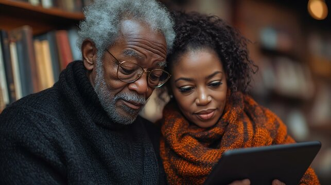 An older man and a younger woman reading a tablet together, showcasing a cozy moment of learning and connection in a library setting. - Powered by Adobe
