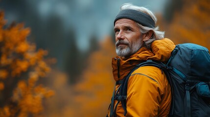Obraz premium A senior man wearing an orange jacket and backpack, enjoying a scenic autumn landscape with vibrant fall colors in the background.