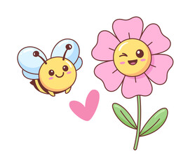 Kawaii smiling bee and flower, cute cartoon style illustration, kids vector drawing