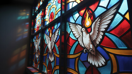Pentecost background Stained glass window, doves, Holy Spirit, church