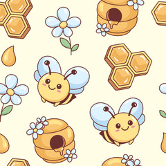 Cute kawaii bee, flower, honeycomb and beehive seamless pattern, background, cute cartoon style kids illustration