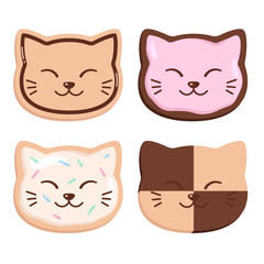 Biscuits in a shape of cat heads, cute funny smiling cat faces, kawaii cartoon style vector drawings