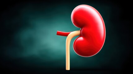 Pathology of Hypertension, 3D rendering of a human kidney with a detailed structure on a dark background.