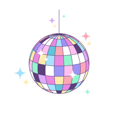 Disco ball, shining mirror ball, music cartoon style drawing