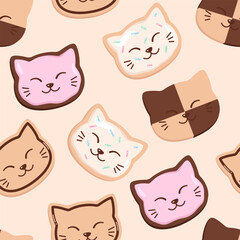 Biscuits in a shape of cat heads seamless pattern, background. Cute funny smiling cat faces, kawaii cartoon style vector drawings