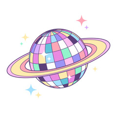 Disco ball planet, shining mirror ball, funny space and music cartoon style drawing
