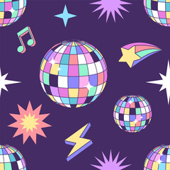 Disco ball seamless pattern, background. Music cartoon style drawing