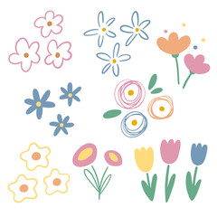 Doodle flowers, set of cute cartoon style vector drawings
