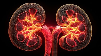 Pathology of Hypertension, Visual representation of human kidneys with intricate, glowing patterns highlighting their structure.
