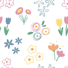 Doodle flowers seamless pattern, background. Cute cartoon style vector drawings