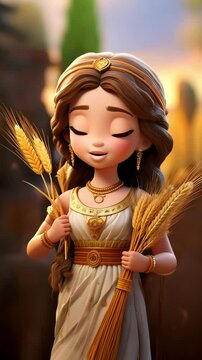 Cute Cartoon Greek Goddess Demeter Holding Wheat and Talking