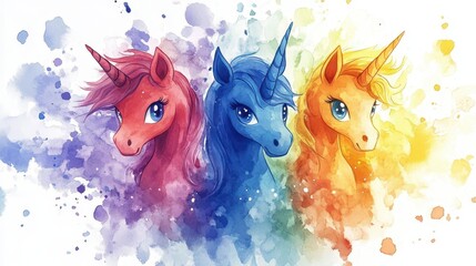 Watercolor Unicorn Art: Colorful Fantasy Animal Trio for Children's Room Decor
