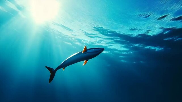shark in the sea, underwater scene with sun rays with fish