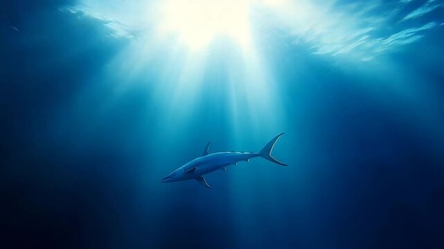 shark in the sea, underwater scene with sun rays with fish