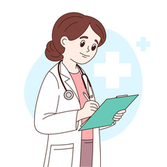 Female doctor, physician, young woman writing on her pad. Medicine character, simple comic cartoon style illustration, drawing