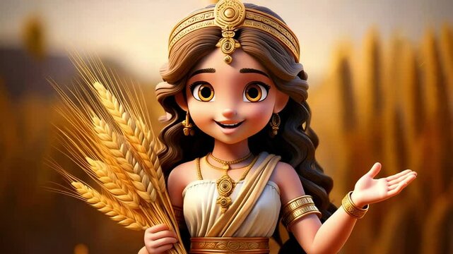 Cute Cartoon Greek Goddess Demeter Holding Wheat and Talking