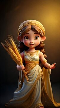 Cute Cartoon Greek Goddess Demeter Holding Wheat and Talking