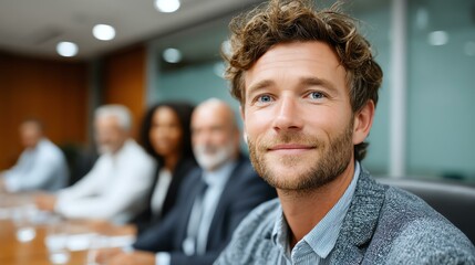 Fototapeta premium group of experts sitting at boardroom on seminar and listening lecture Smiling man in a professional meeting setting.