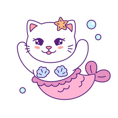 Cute kawaii mermaid cat, kitten with a fish tail. Funny cartoon style marine illustration