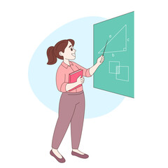 Young school teacher with a textbook and a pointer near the board teaching math, geometry. Simple cartoon style vector drawing, illustration