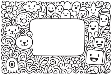 A black and white doodle vector frame outlined in bold black, featuring hand-drawn decorative elements arranged playfully around the rectangular border.

