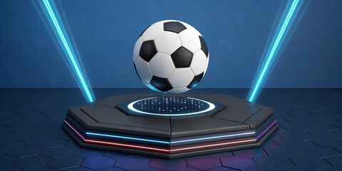 Soccer ball futuristic presentation stage neon lights design concept