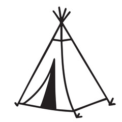 Black and white vector camping tent outlined in black, showing a simple structure with entrance flaps, suitable for outdoor or travel themed designs.

