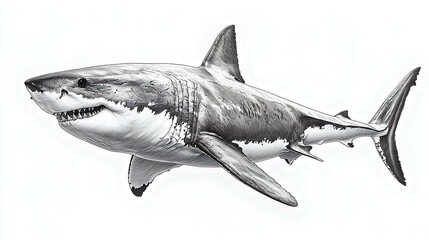 Fototapeta premium A detailed illustration of a great white shark swimming gracefully, showcasing its powerful body and distinct features in monochrome.