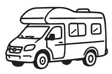 A vector image of a campervan in black and white, outlined in black, designed for use in travel graphics or adventure themed illustrations.