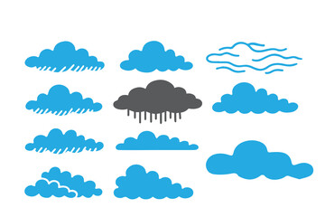 Vector collection of diverse cloud forms in blue tones, ranging from fluffy to flat, perfect for creative projects with a peaceful sky theme.

