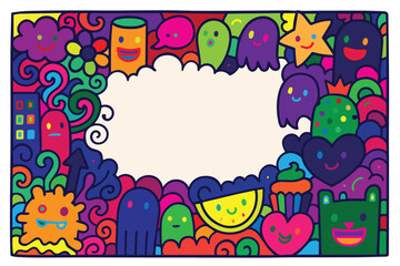 Colorful vector frame filled with hand drawn doodles, including quirky patterns and cute elements, surrounding the edge in a fun, artistic style.