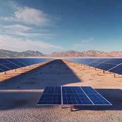 Solar Panels in Desert Landscape with Long Shadows