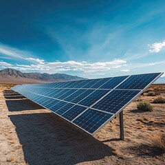 Solar Panels in Desert Landscape with Long Shadows