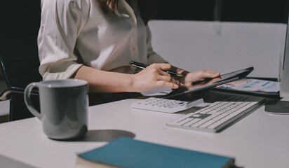 Expert woman asian female people review data number costing managerial account prepare monthly...