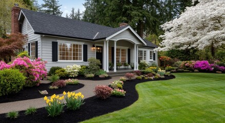 a beautiful home's front yard with perfectly manicured green grass surrounded by colorful flowers and neatly raked black mulch in the landscape design.
