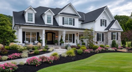 Lush green lawn with black mulch in front of the home, flower beds filled with colorful flowers on the sides and in the corners, front yard landscaping design.
