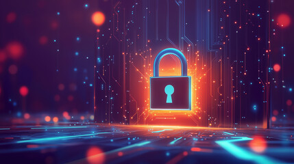 A digital art piece with a glowing, padlock-like central character  showing cyber security