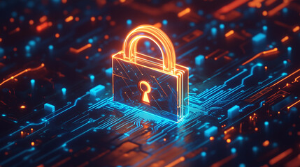 A digital art piece with a glowing, padlock-like central character  showing cyber security