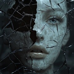 Surreal Digital Face Appearing Through Broken Glass