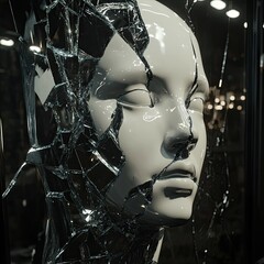 Surreal Digital Face Appearing Through Broken Glass