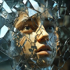 Surreal Digital Face Appearing Through Broken Glass