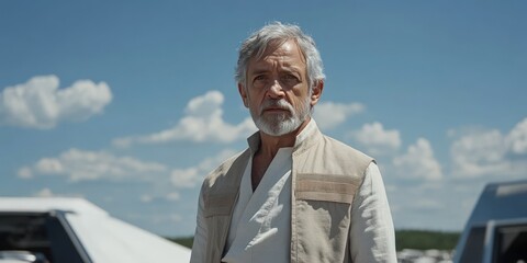 Fototapeta premium Portrait of a serious older man with white hair and beard against a cloudy sky